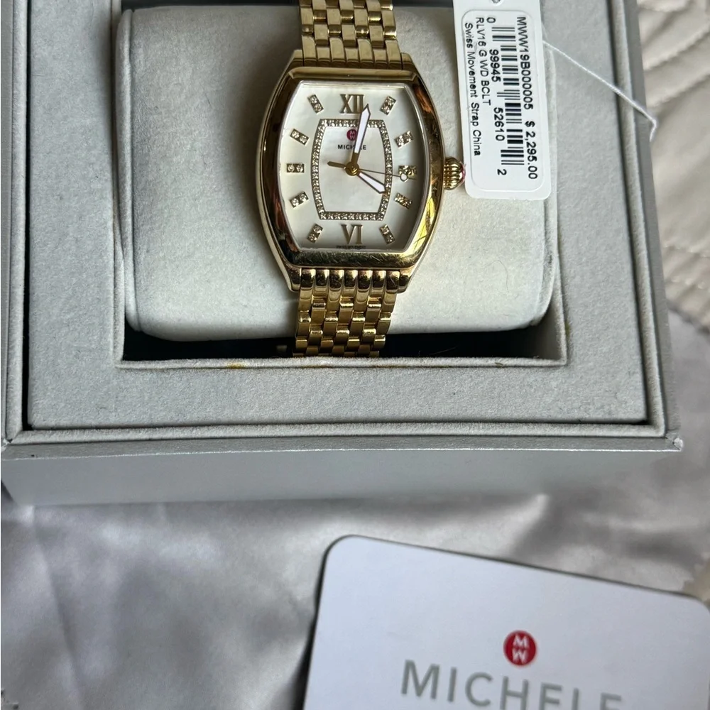 Michele Relevé Diamond Dial Watch Head & Interchangeable band, 31mm x 32mm- gold